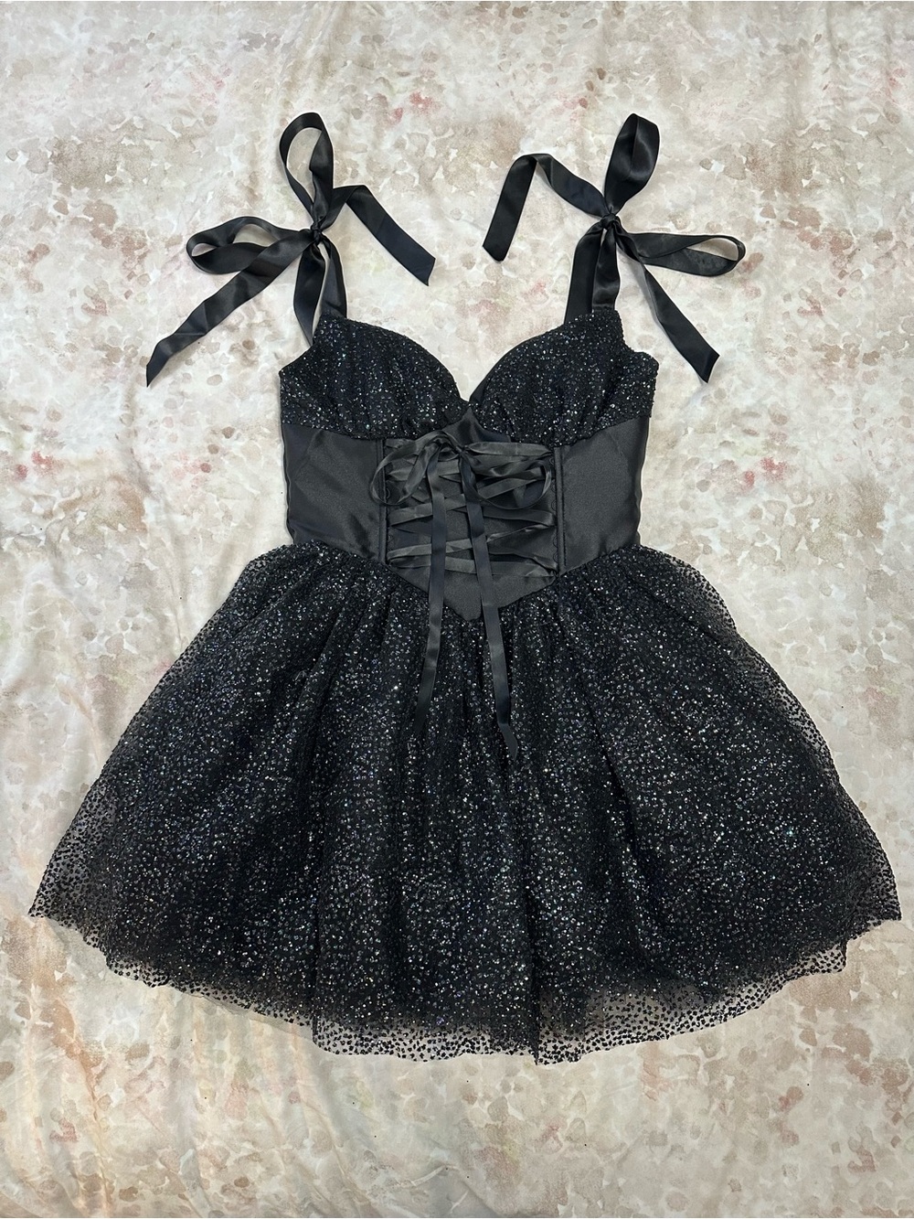 Sugar Thrillz Black Sparkle Tulle Corset Dress with Bow Straps